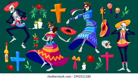 Mexican Day of the dead, Dia de los muertos skeletons characters and holiday items. Dancing Catrina and mariachi musicians, sugar skulls, cross, flowers and burning candles Cartoon vector illustration