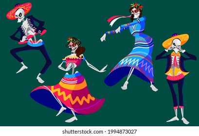 Día Mexicano de los Muertos, Dia de los muertos esqueleta personajes bailando. Los músicos de Catrina o mariachi son calaveras de azúcar decoradas con elementos florales. Festividad de Halloween: ilustración vectorial de dibujos animados