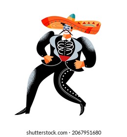 Mexican Day of Dead, Dia de los Muertos vector illustration. Cartoon latin man with mustache and makeup, wearing black costume and sombrero dancing on traditional carnival party isolated on white