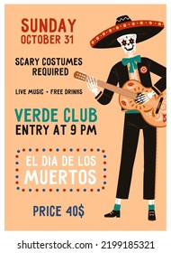 Mexican Day of Dead, Dia de los Muertos party poster template. Mexico holiday flyer, vertical promo banner design with scary skeleton in sombrero playing guitar. Colored flat vector illustration