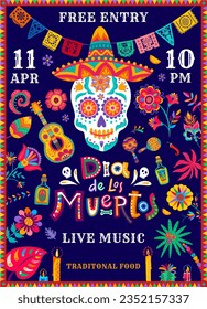 Mexican Day of Dead, Dia de Los Muertos fiesta flyer with calavera skull in sombrero, vector holiday poster. Mexican Dia de Los Muertos party celebration or music fest with tequila and Mexico ornament