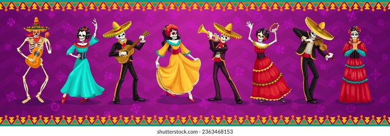 Mexikanischer Tag der Toten oder Dia De Los Muertos Figuren, Mariachi Musiker, Catrina und Skelette, Vektorbanner. Mexikanischer Urlaub Dia de Los Muertos fiesta Musikband in Sombrero mit Gitarren, Trompeten