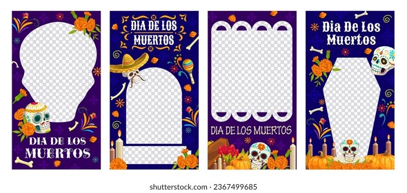 Mexican Day of the Dead Dia De Los Muertos holiday social media banners templates. Vector calavera sugar skulls, marigold flowers, sombrero and maracas, candles, bones, floral pattern web post layouts