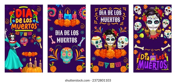 Banderas de feriado del Día de los Muertos en México, Calavera de Halloween de México esquilma a personajes vectores. Calaveras de azúcar de caricatura, flores de oro, velas de altar y banderas cortadas de papel de picado