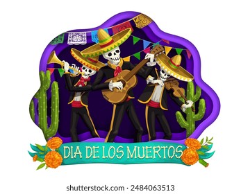 Mexican day of the dead dia de los muertos paper cut with skeleton mariachi musicians and marigold flowers. Vector traditional festive papercut art with skeleton artists, papel picado flags, tagetes