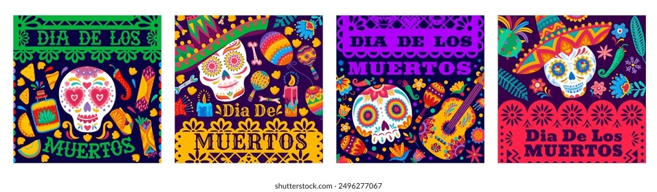 Día de Muertos Anuncios cuadrados de vacaciones de Día de Muertos en México. Calavera de Vector, guitarras y maracas, sombreros, velas, tequila y comida festiva con banderas de papel picado cortadas en papel