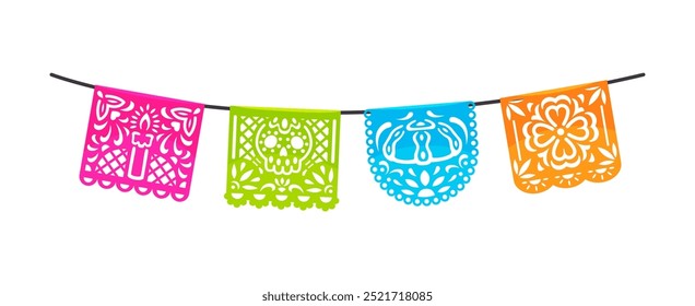 El día mexicano de los muertos cortó banderas de papel. Festiva, Anuncios de papel picado con vela tradicional, calavera de azúcar, pan de muerto y patrones de flores para decorar eventos culturales