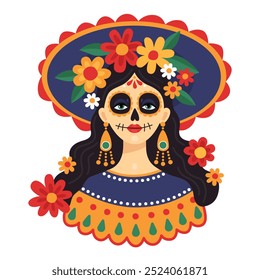 Dia mexicano dos mortos, Dia de los muertos. Retrato de uma mulher usando um sombrero e maquiagem de crânio de açúcar festivo. Estilo Calavera. Catarina. Ilustração vetorial. 