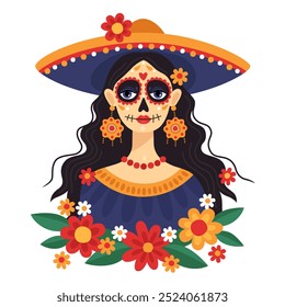 Dia mexicano dos mortos, Dia de los muertos. Retrato de uma mulher usando um sombrero e maquiagem de crânio de açúcar festivo. Estilo Calavera. Catarina. Ilustração vetorial. 