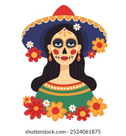 Dia mexicano dos mortos, Dia de los muertos. Retrato de uma mulher usando um sombrero e maquiagem de crânio de açúcar festivo. Estilo Calavera. Catarina. Ilustração vetorial. 