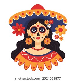 Mexican Day of the dead, Dia de los muertos. Portrait of a woman wearing a sombrero and festive sugar skull makeup. Calavera style. Catarina. Vector illustration. 