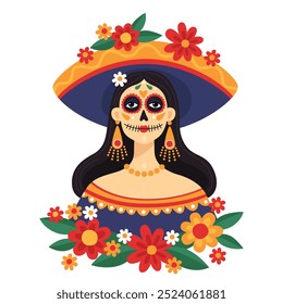 Dia mexicano dos mortos, Dia de los muertos. Retrato de uma mulher usando um sombrero e maquiagem de crânio de açúcar festivo. Estilo Calavera. Catarina. Ilustração vetorial. 