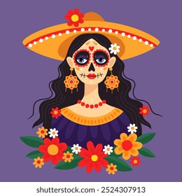 Dia mexicano dos mortos, Dia de los muertos. Retrato de uma mulher usando um sombrero e maquiagem de crânio de açúcar festivo. Estilo Calavera. Catarina. Fundo roxo. Ilustração vetorial.