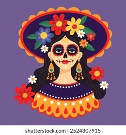 Dia mexicano dos mortos, Dia de los muertos. Retrato de uma mulher usando um sombrero e maquiagem de crânio de açúcar festivo. Estilo Calavera. Catarina. Fundo roxo. Ilustração vetorial.