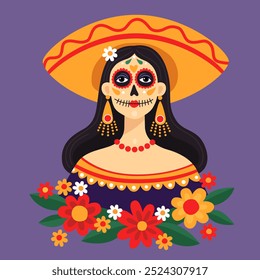 Dia mexicano dos mortos, Dia de los muertos. Retrato de uma mulher usando um sombrero e maquiagem de crânio de açúcar festivo. Estilo Calavera. Catarina. Fundo roxo. Ilustração vetorial.