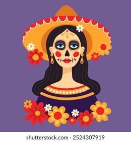 Dia mexicano dos mortos, Dia de los muertos. Retrato de uma mulher usando um sombrero e maquiagem de crânio de açúcar festivo. Estilo Calavera. Catarina. Fundo roxo. Ilustração vetorial.