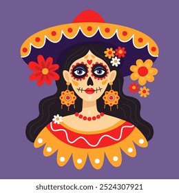 Dia mexicano dos mortos, Dia de los muertos. Retrato de uma mulher usando um sombrero e maquiagem de crânio de açúcar festivo. Estilo Calavera. Catarina. Fundo roxo. Ilustração vetorial.