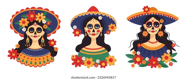 Dia mexicano dos mortos, Dia de los muertos. Retratos de uma mulher vestindo um sombrero e maquiagem de crânio de açúcar festivo. Estilo Calavera. Catrina. Ilustração vetorial. Dia da coleta de mortos.