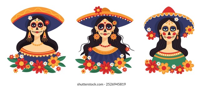 Mexikanischer Tag der Toten, Dia de los muertos. Porträts einer Frau mit einem Sombrero und festlichem Zuckerschädel Make-up. Calavera Stil. Catrina. Vektorgrafik. Tag der toten Sammlung.