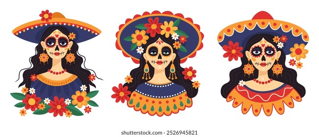 Mexican Day of the dead, Dia de los muertos. Portraits of a women wearing a sombrero and festive sugar skull makeup. Calavera style. Catrina. Vector illustration. Day of the dead collection.