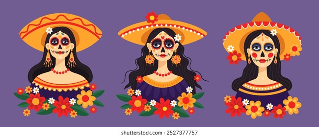 Dia mexicano dos mortos, Dia de los muertos. Retratos de uma mulher vestindo um sombrero e maquiagem de crânio de açúcar festivo. Estilo Calavera. Catrina. Ilustração vetorial. Dia da coleta de mortos. 