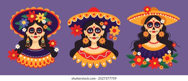 Mexican Day of the dead, Dia de los muertos. Portraits of a women wearing a sombrero and festive sugar skull makeup. Calavera style. Catrina. Vector illustration. Day of the dead collection. 