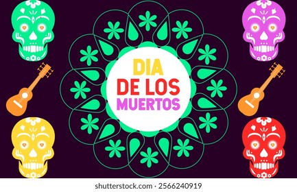 Mexican day of the dead dia de los muertos holiday. Guitars and maracas, calavera skull and sombrero , tropical flowers or candles. Holiday concept template. perfect for background, Greeting Card