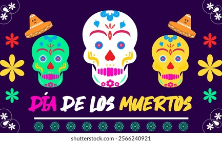 Mexican day of the dead dia de los muertos holiday. Guitars and maracas, calavera skull and sombrero , tropical flowers or candles. Holiday concept template. perfect for background, Greeting Card