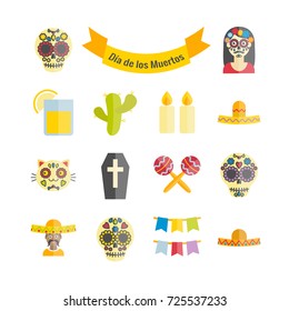 Mexican the Day of the Dead (Dia de los Muertos) vector flat icons set