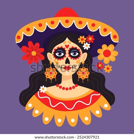 Mexican Day of the dead, Dia de los muertos. Portrait of a woman wearing a sombrero and festive sugar skull makeup. Calavera style. Catarina. Purple background. Vector illustration.