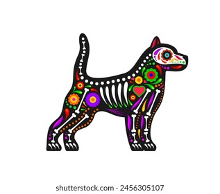 Mexican day of the dead dog animal sugar skull tattoo. Isolated vector Dia de los muertos, puppy shape with vibrant floral motifs and bones symbolizing remembrance and celebration of deceased pets