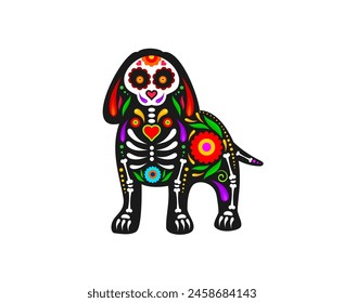 Mexican Day of Dead, dog animal with sugar skull, vector tattoo ornament. Dia de Los Muertos holiday or Mexico fiesta decoration of dog skeleton bones silhouette with Mexican floral pattern