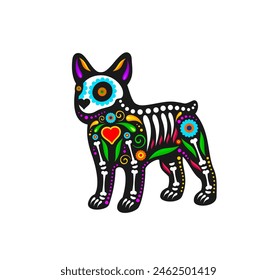 Mexican day of the dead dog animal sugar skull tattoo. Isolated vector Dia de los muertos, puppy shape with vibrant floral motifs and bones symbolizing remembrance and celebration of deceased pets