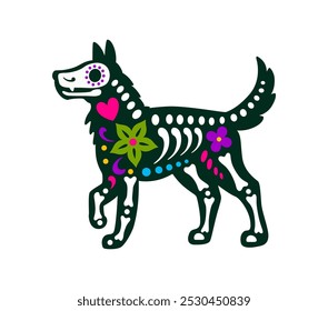 Mexican day of the dead dog animal tattoo, sugar skull with skeleton bones, floral and heart motifs. Vector skeletal canine figure reflects traditional art, festive and celebratory spirit of Muertos