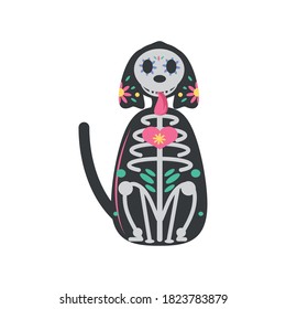 Mexican day of dead dog skeleton, detailed style icon design. Mexico culture sugar skull theme. Vector illustration.