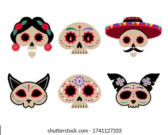 Mexican Day of Dead festival celebration skulls of people and animals decorated with colorful ornaments. Dia de Muertos traditional symbols.