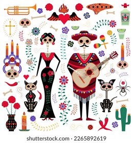 Mexican Day of the Dead festival celebration set with skeletons in traditional mexican cloths and sombrero, skulls, musical instruments, flaming candles, flowers, ornaments and symbols.