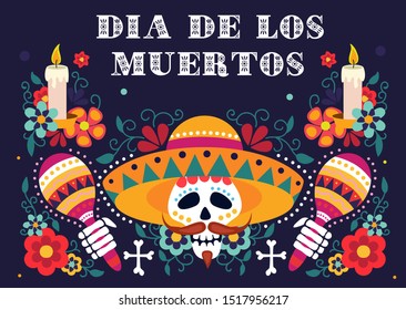 Mexican day of dead festive greeting card vector illustration. Dia de los muertos poster with skull in sombrero holding maracas, floral design with candles flat style concept