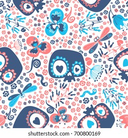 Mexican Day of the Dead festive seamless pattern with heart eyed cartoon skulls, beautiful wild flowers, lovely insects against white background. Vector illustration for wrapping paper, wallpaper.