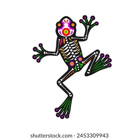 Mexican day of the dead frog animal sugar skull tattoo. Isolated vector Dia de los Muertos figure of toad amphibian with skeleton bones and floral pattern, exudes spirit of nature, fauna and wild life