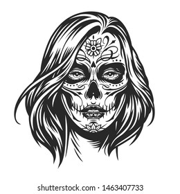 Mexican Day of Dead girl with floral pattern on her face in vintage monochrome style isolated vector illustration
