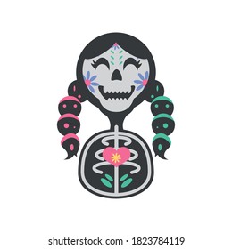 Mexican day of dead girl skeleton with hat detailed style icon design, Mexico culture sugar skull theme. Vector illustration.