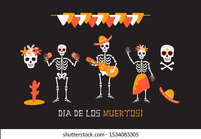 Mexican Day of the Dead greeting card. Creative Dia de Los Muertos poster. Mexico national festival illustrations of cute hand drawn icons and text. Vector holiday design.