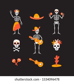 Mexican Day of the Dead greeting icons. Creative Dia de Los Muertos symbols. Mexico national festival illustration of cute hand drawn woman, man, sugar scull, skeleton template. Vector holiday design.
