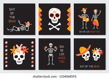 Mexican Day of the Dead greeting set cards. Creative Dia de Los Muertos posters. Mexico national festival illustrations of cute hand drawn icons and text. Vector holiday design.