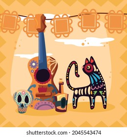 Mexican day of the dead guitar cat and icons