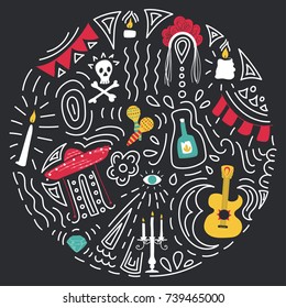 Mexican day of the Dead hand drawn attributes set, vector illustration