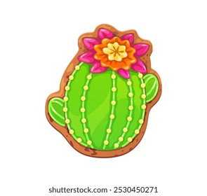 Mexican Day of Dead holiday blooming cactus cookie. Mexico Day of the Dead festival traditional vector gingerbread pastry, Mexican culture carnival or Hispanic Dia de Los Muertos celebration cookie