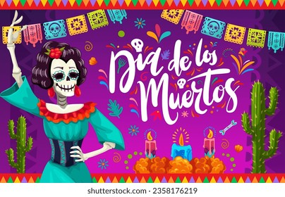 Mexican Day of the Dead holiday Catrina character and papel picado paper cut garland with candles and marigold flowers. Vector Dia De Los Muertos calavera skeleton dancer, ofrenda altar and flags