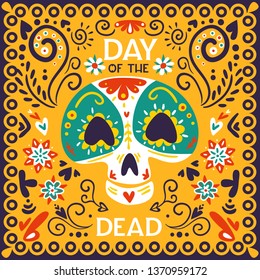 Mexican day of dead holiday celebration bright golden yellow ornamental poster with skull mask abstract vector illustration